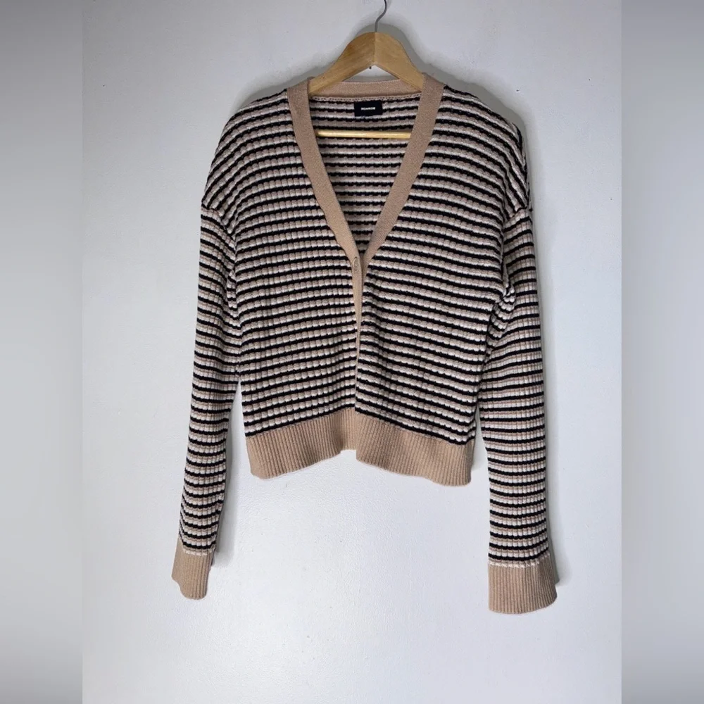 Monrow Tan‎ White Black Stripe V Neck Cotton Wool Blend Cardigan Medium